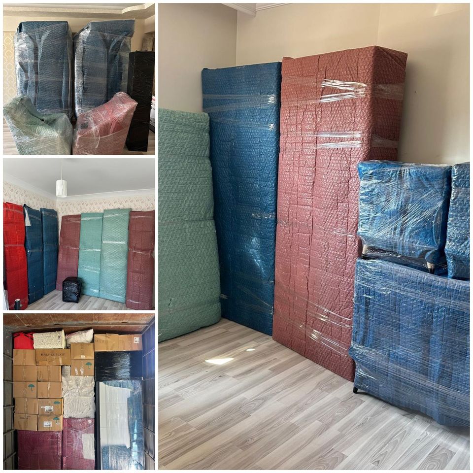Gaziantep nakliyat işlerimizden genel bakış kolajı: paketleme, asansör ve kamyon